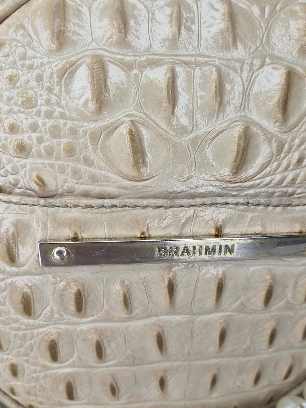 Brahmin Cream Croc-Embossed Leather Round Top Handle Bag With Pearl Strap